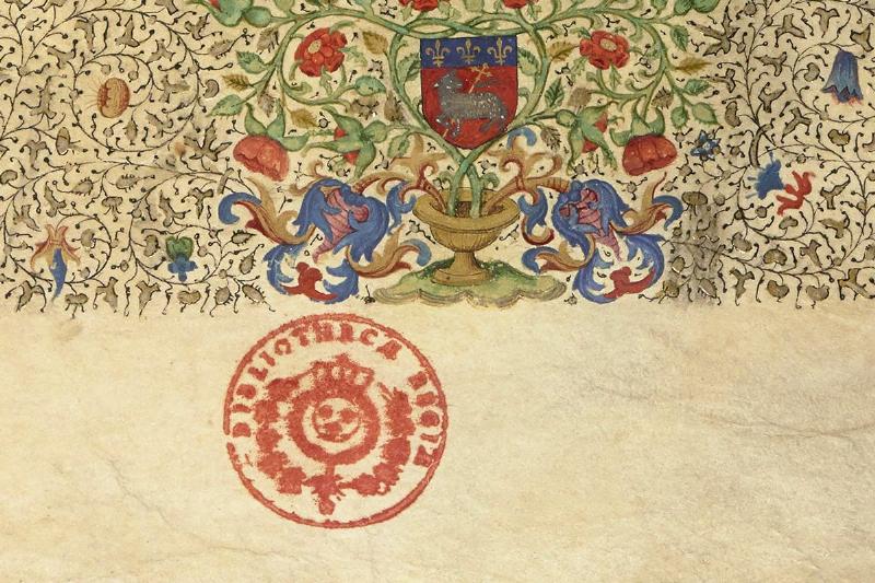 Intérieur d'une bibliothèque royale française, livres anciens de classique littérature.